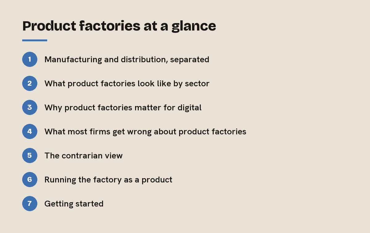 Product factories at a glance: outline of the 7 sections in this answer