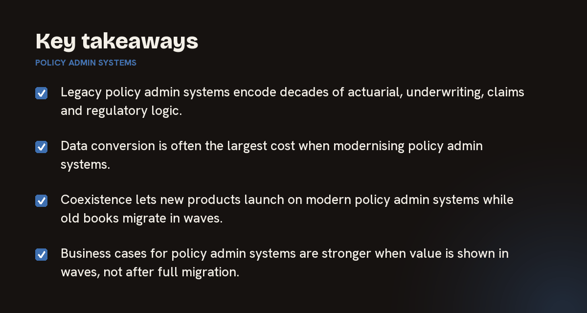 Key takeaways on policy admin systems, summarised in 4 points