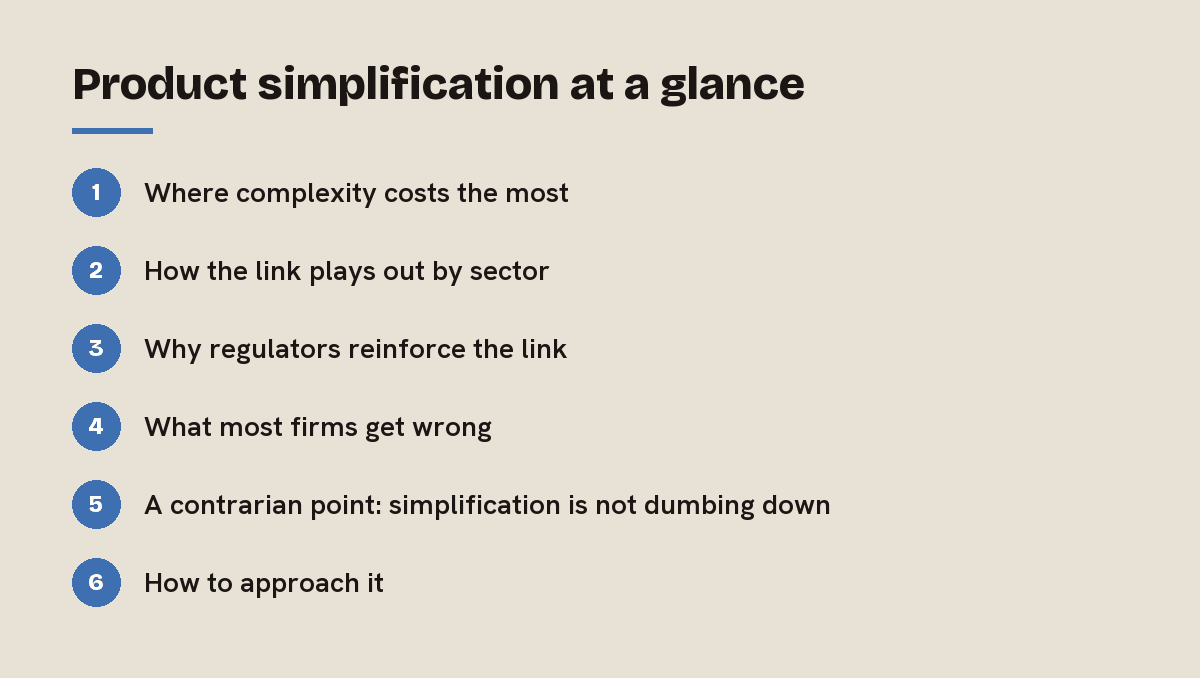 Product simplification at a glance: outline of the 6 sections in this answer