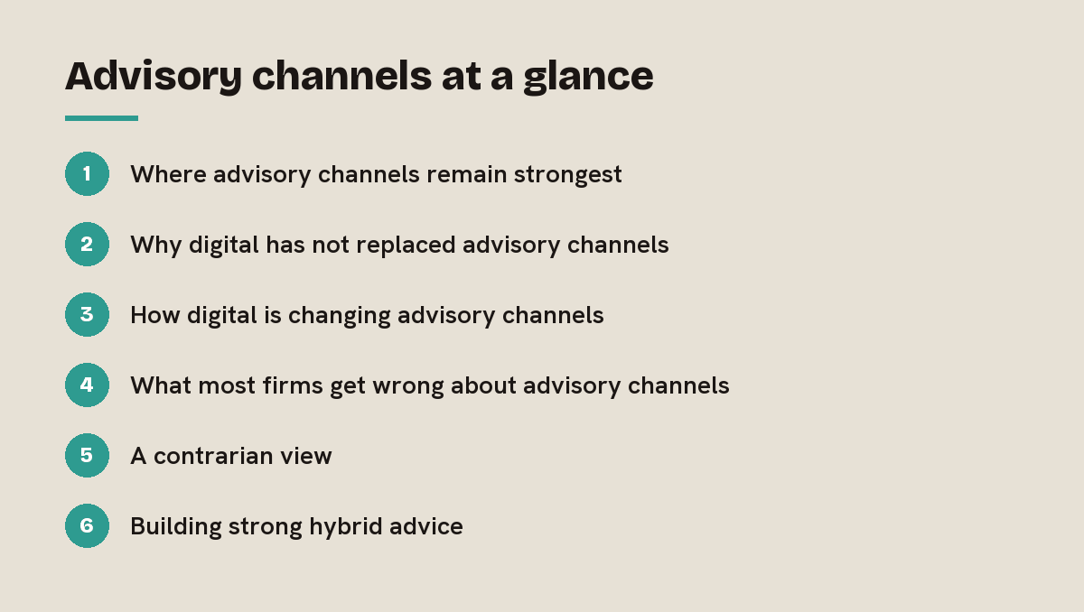 Advisory channels at a glance: outline of the 6 sections in this answer