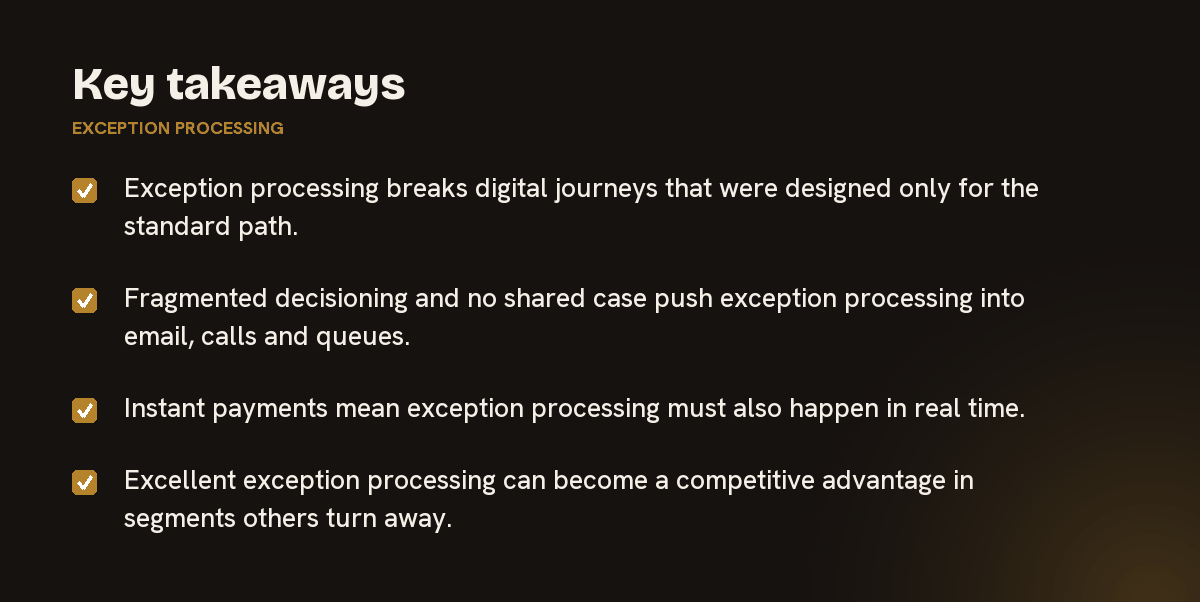 Key takeaways on exception processing, summarised in 4 points