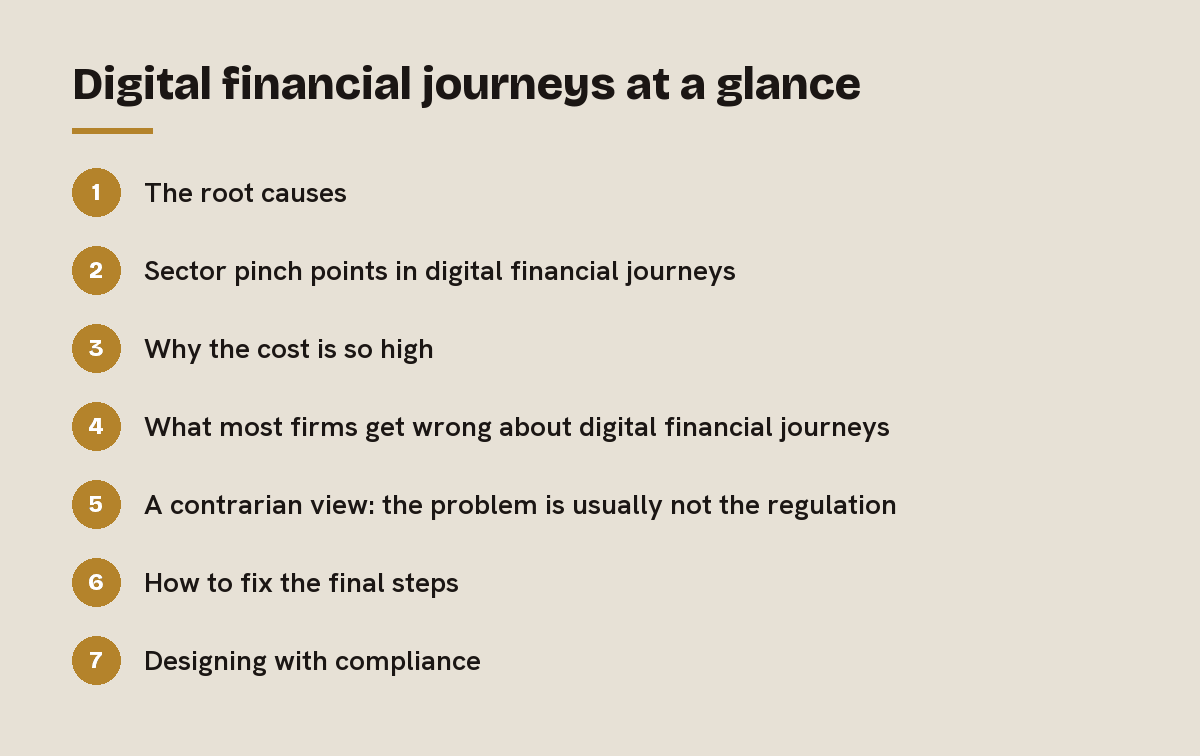 Digital financial journeys at a glance: outline of the 7 sections in this answer