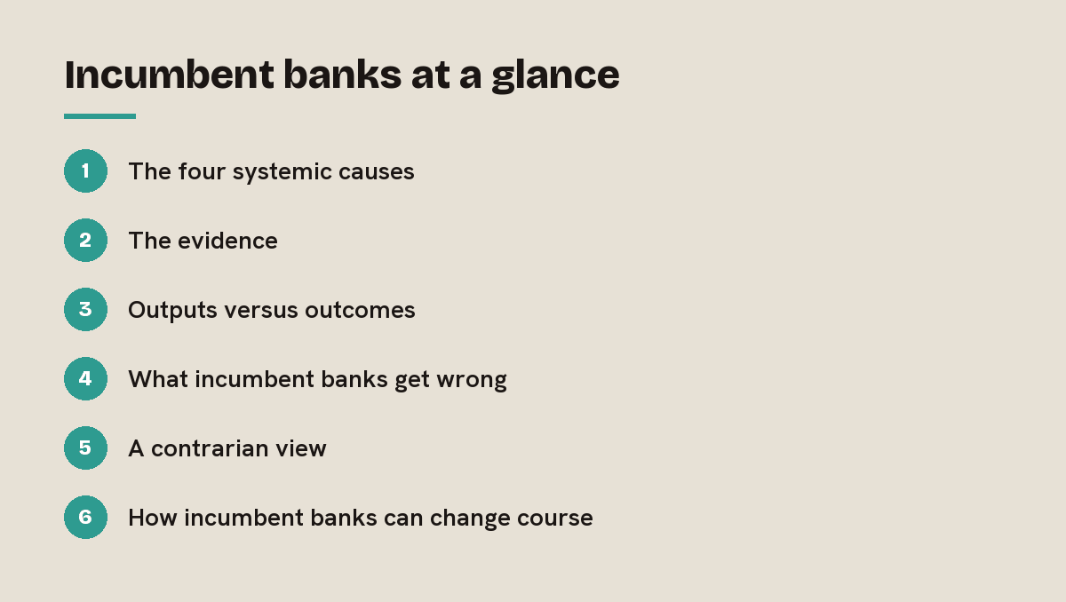 Incumbent banks at a glance: outline of the 6 sections in this answer