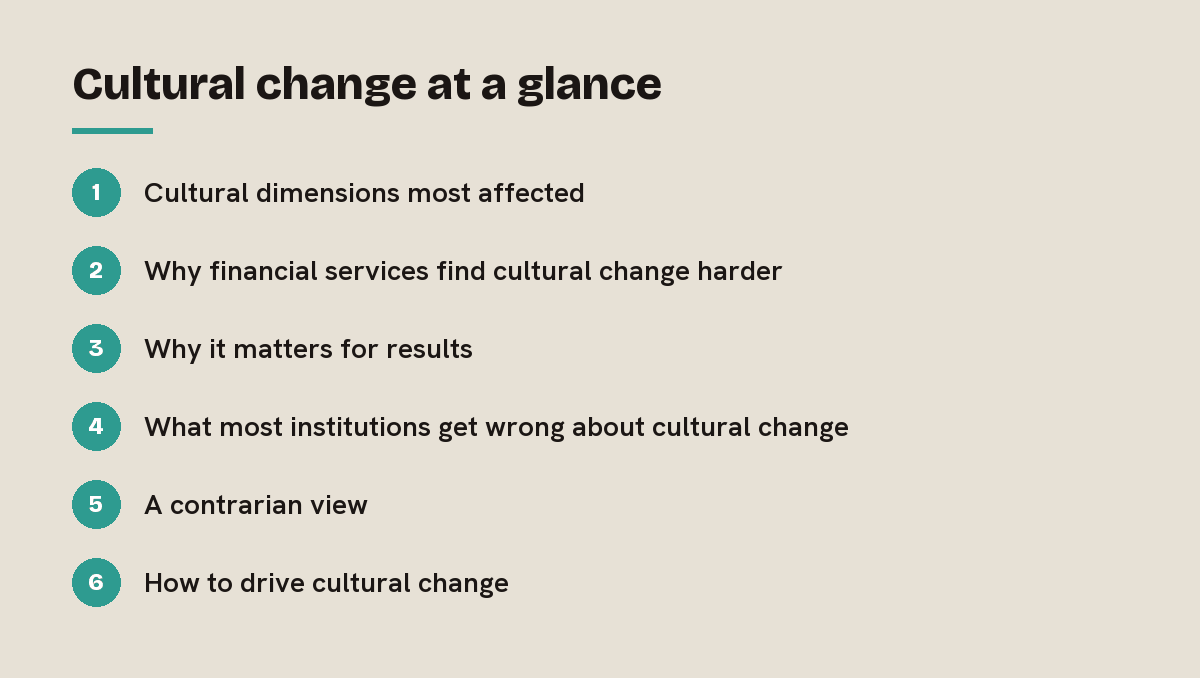 Cultural change at a glance: outline of the 6 sections in this answer