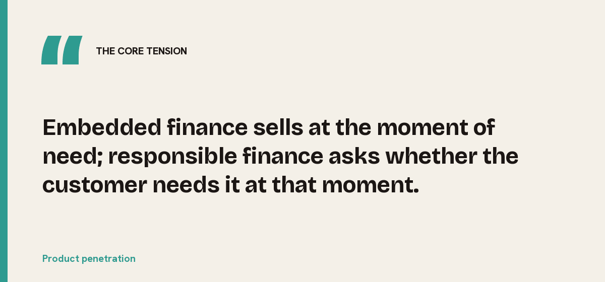 Product penetration, the core tension: Embedded finance sells at the moment of need; responsible finance asks whether the customer needs it at that moment.