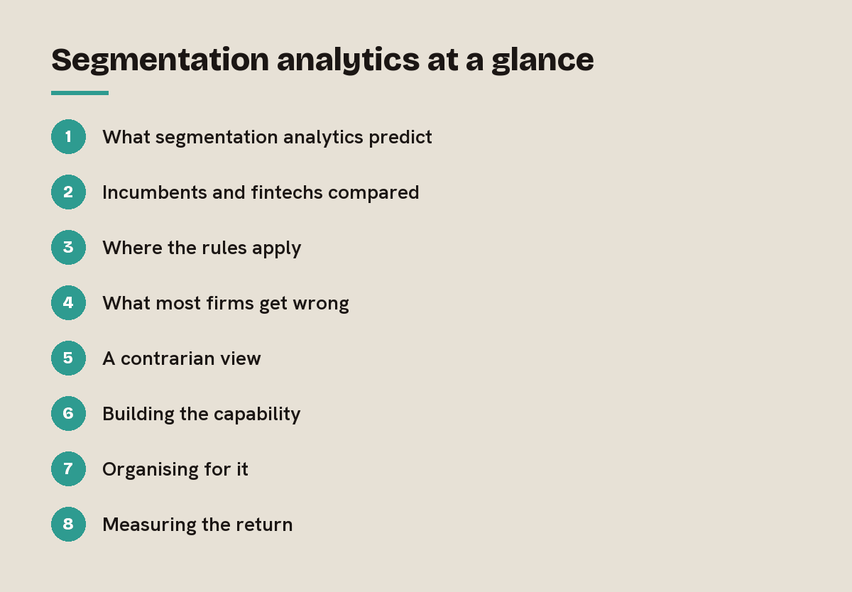 Segmentation analytics at a glance: outline of the 8 sections in this answer