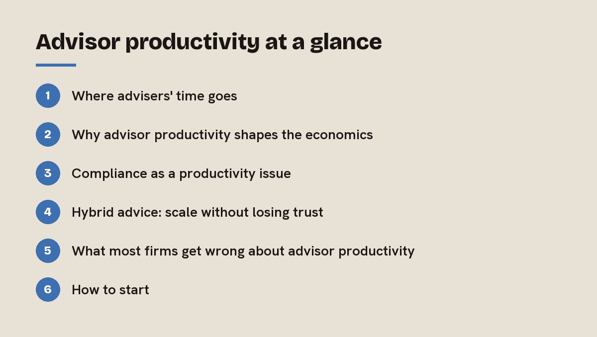 Advisor productivity at a glance: outline of the 6 sections in this answer