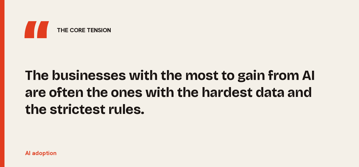 AI adoption, the core tension: The businesses with the most to gain from AI are often the ones with the hardest data and the strictest rules.