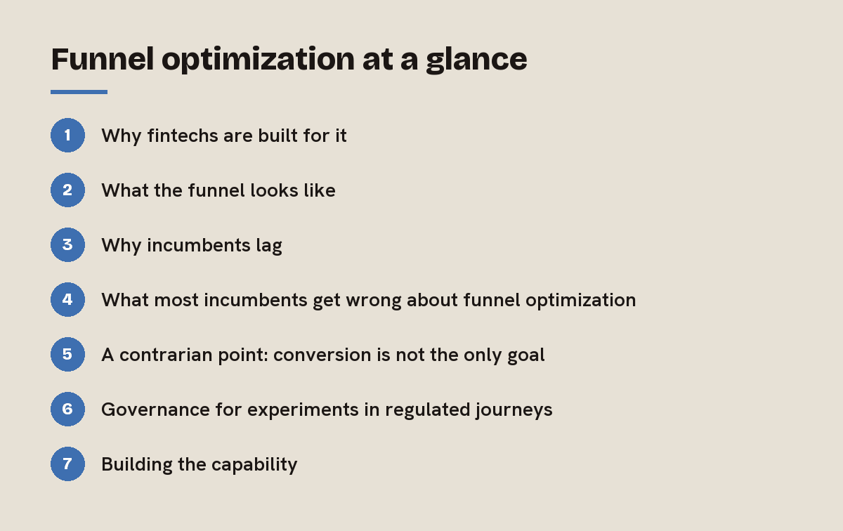 Funnel optimization at a glance: outline of the 7 sections in this answer