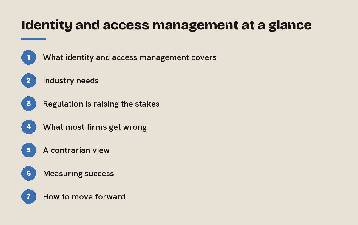 Identity and access management at a glance: outline of the 7 sections in this answer